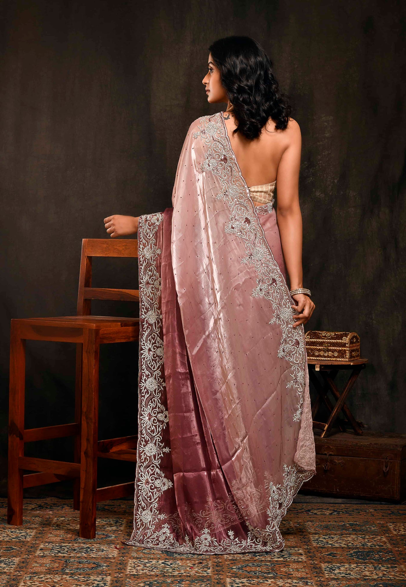 Ombre Wine Party Wear Embroidered Saree
