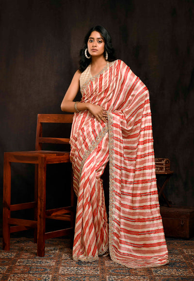 Red And White Striped Muslin Saree