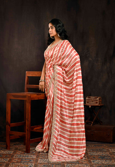 Red And White Striped Muslin Saree