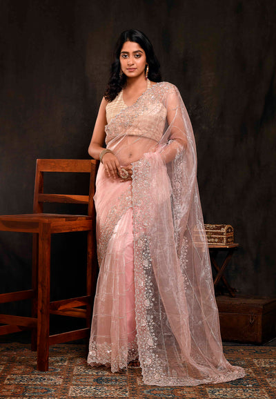 Pastel Pink Embroidered Party Wear Saree
