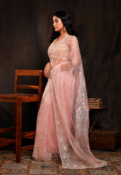 Pastel Pink Embroidered Party Wear Saree