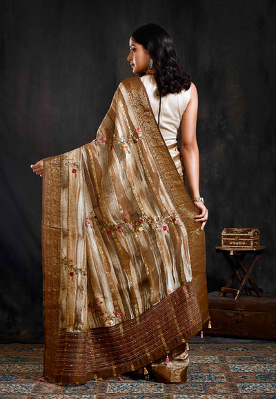 Brown Dola Silk Striped Saree