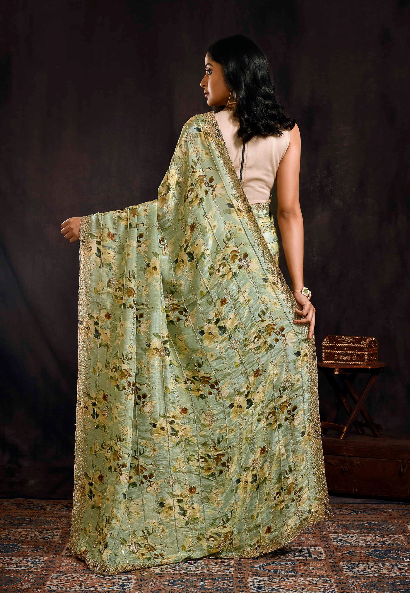 Pistachio Green Floral Embroidered Saree