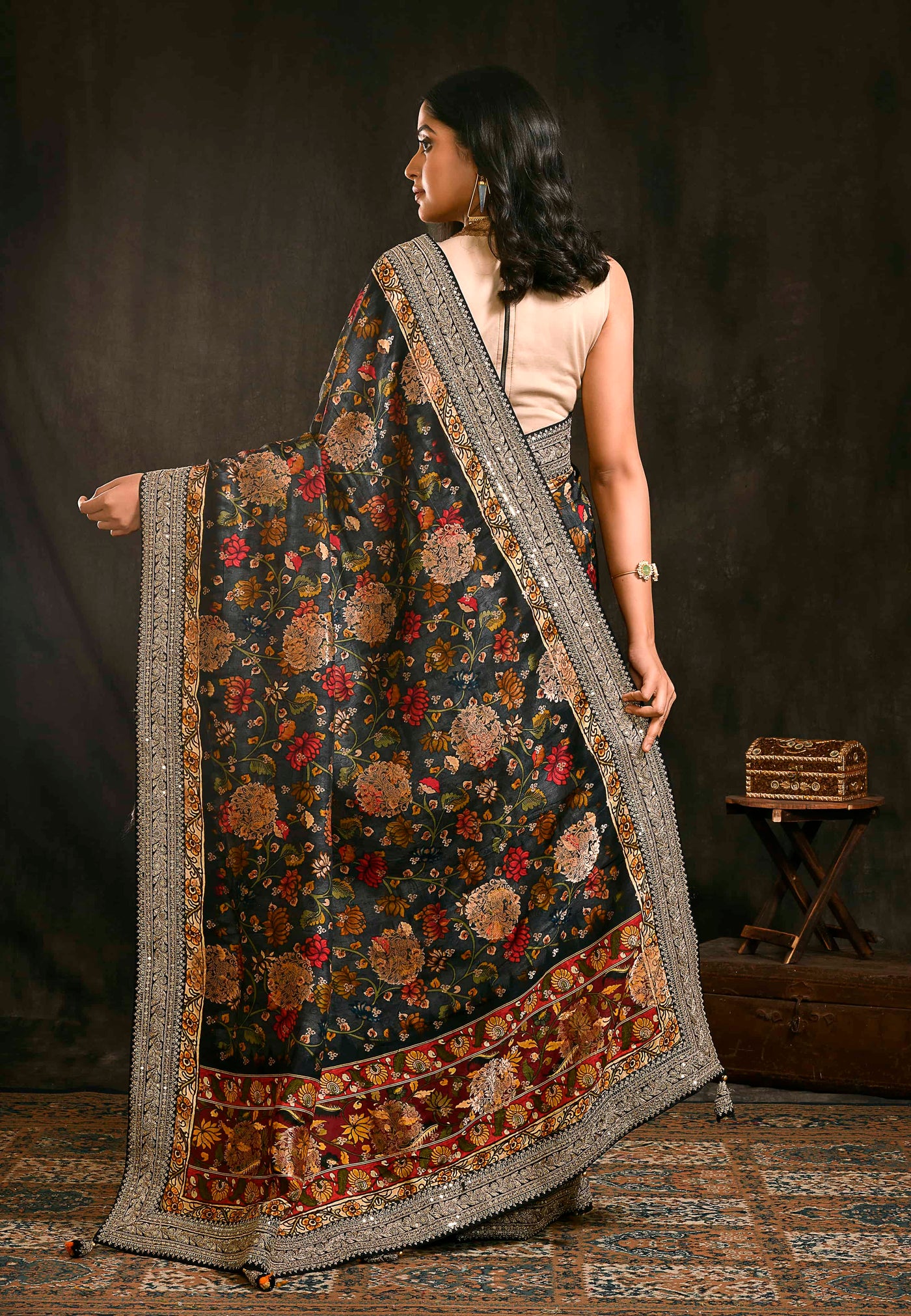 Black Party Wear Saree With Floral Embroidery