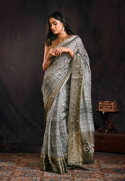 Grey And White Embroidered Saree