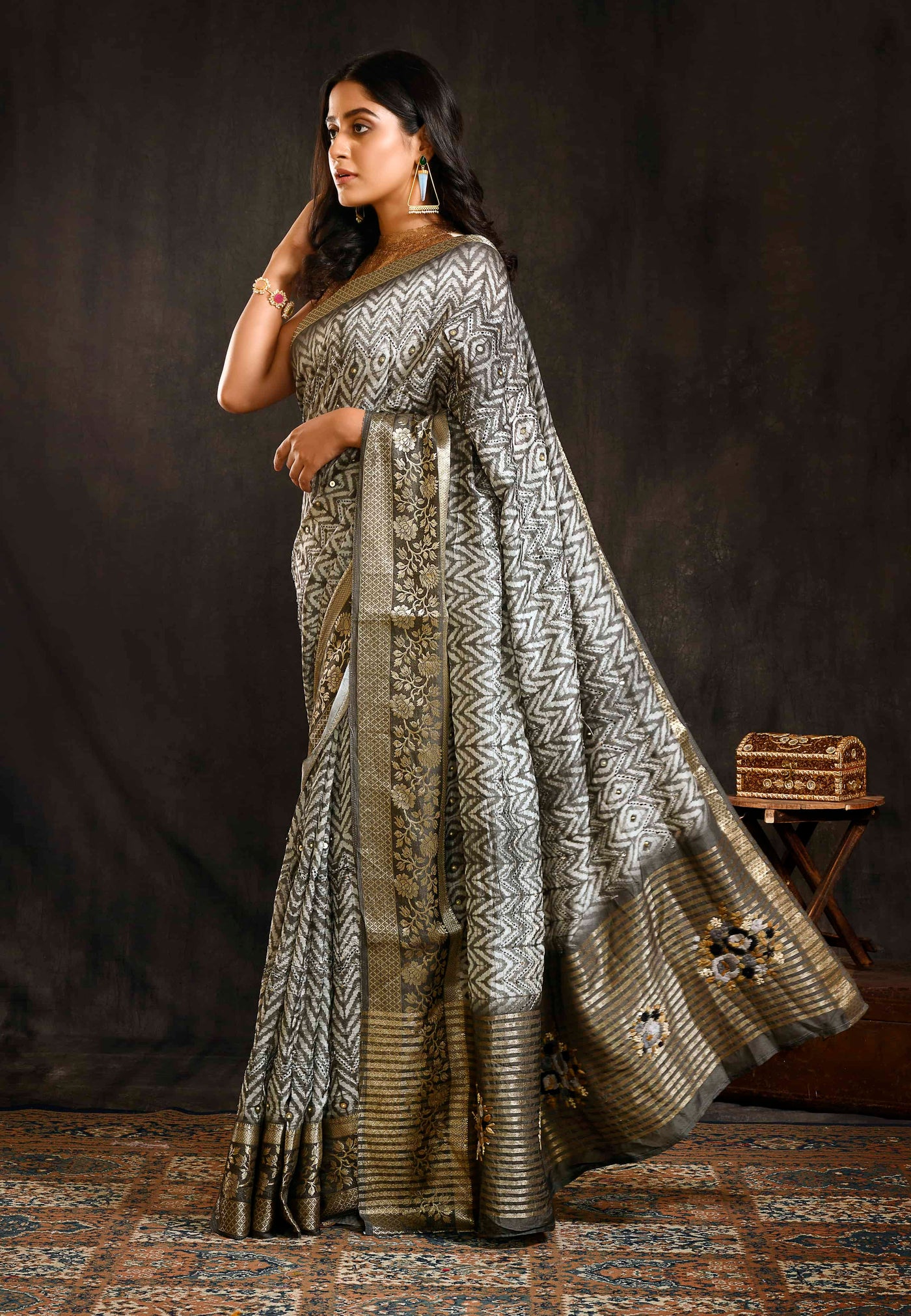 Grey And White Embroidered Saree
