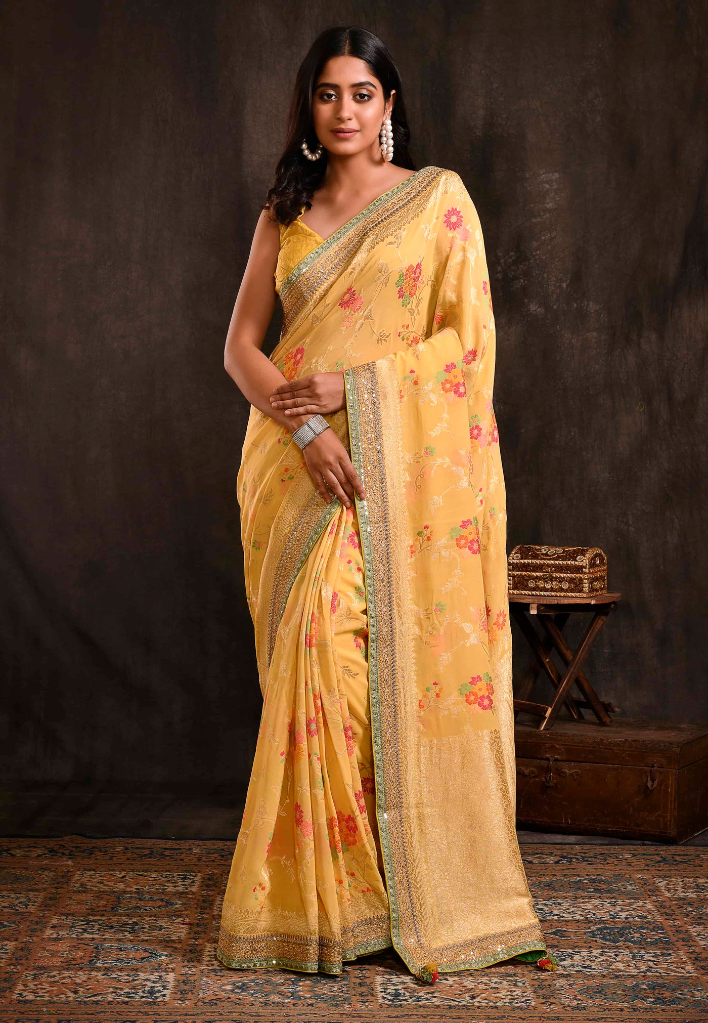 Yellow Pure Georgette Floral Saree