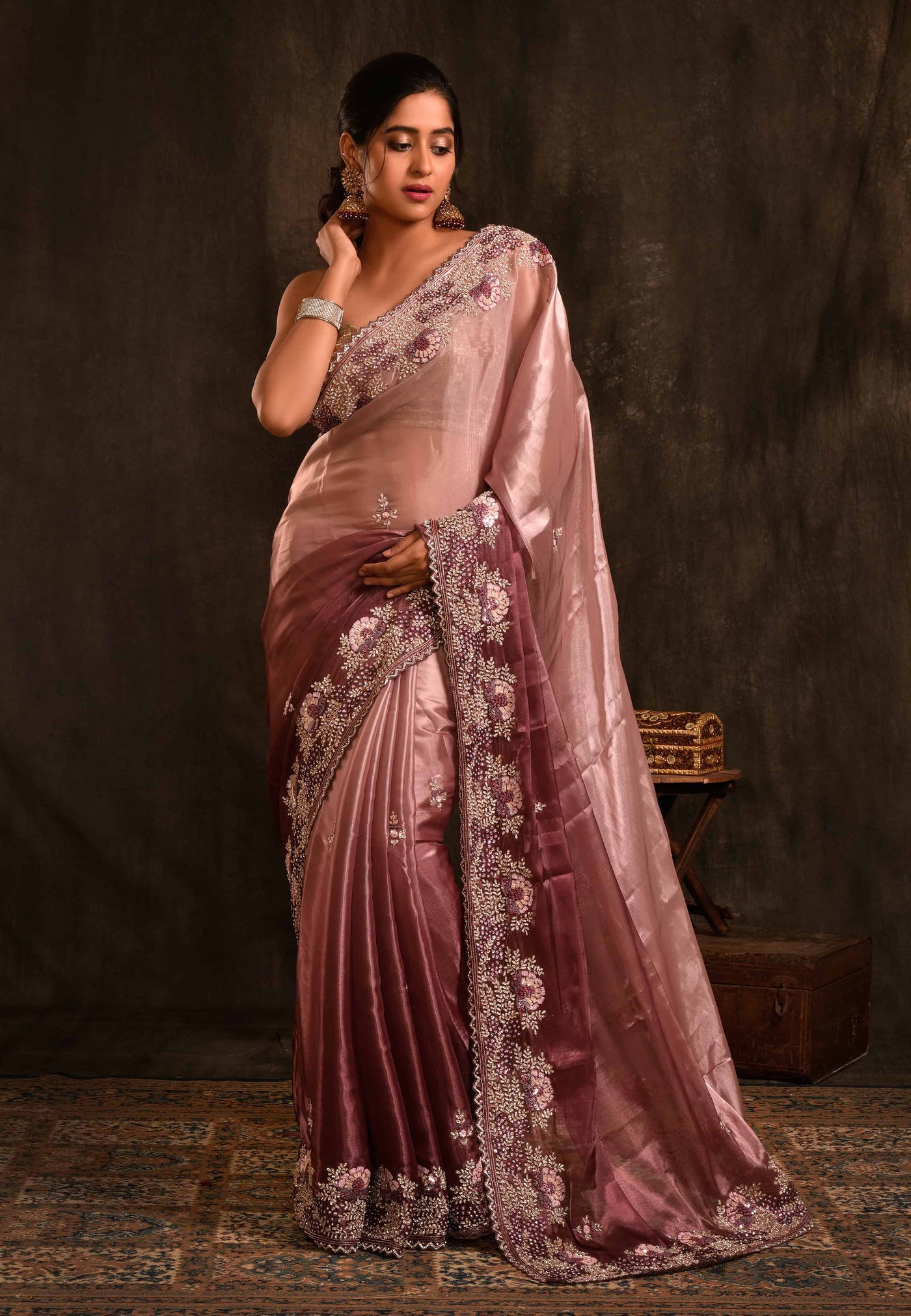 Wine Glass Tissue Saree With Hand Embroidery