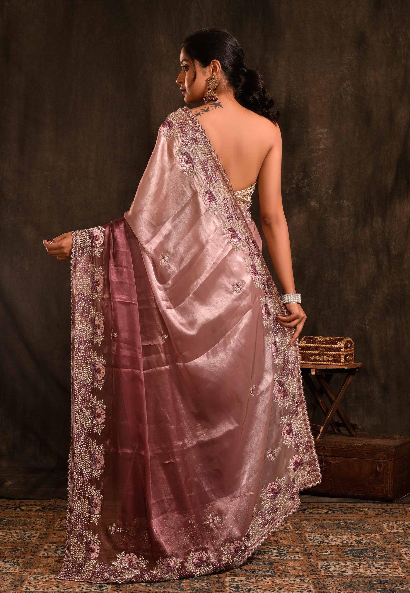Wine Glass Tissue Saree With Hand Embroidery