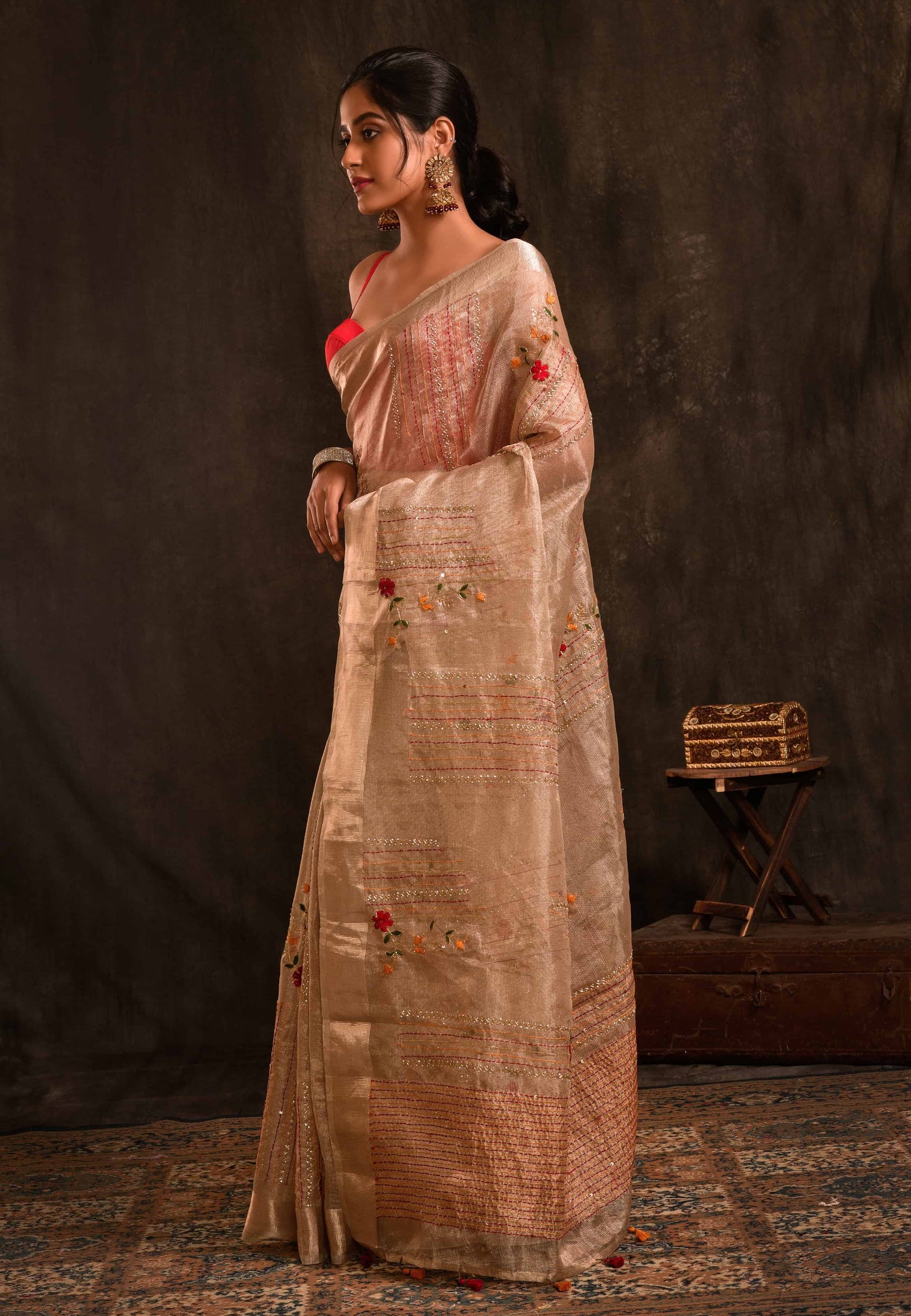 Gold Tissue Saree With Kantha Work