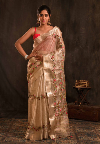 Gold Party Wear Saree With Hand Embroidery