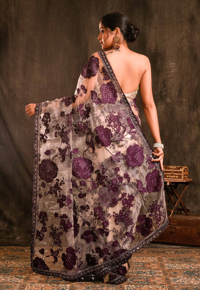 Dark Purple Glass Tissue Party Wear Saree