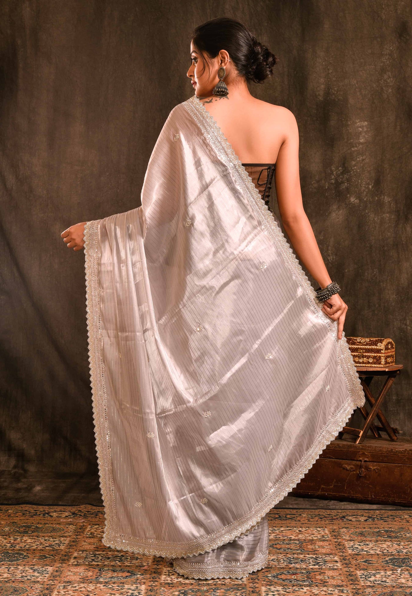 Grey Glass Tissue Embroidery Saree