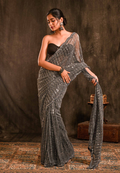 Black Embroidered Lycra And Net Saree