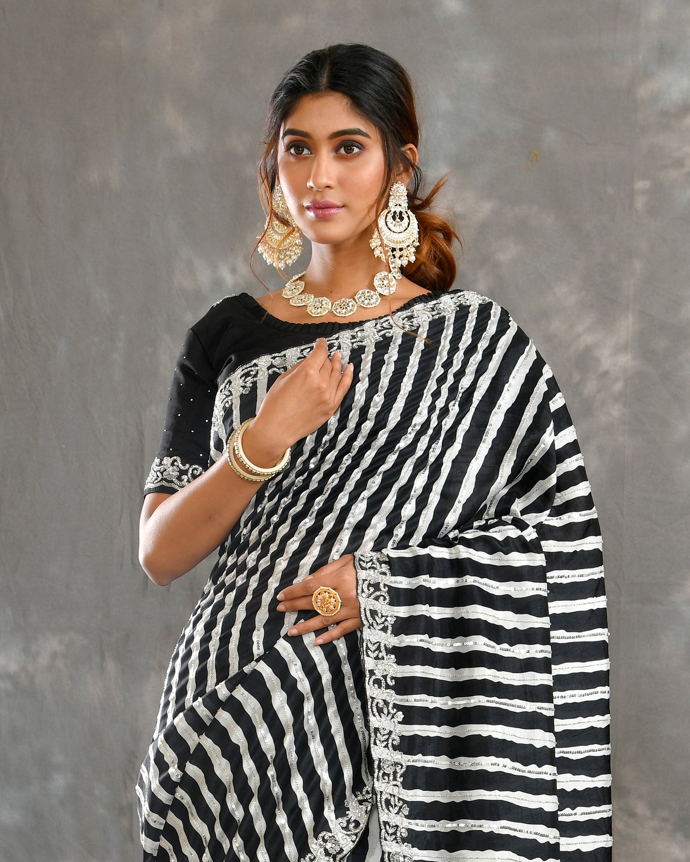 Black Russian Tussar Hand Embroidery Saree