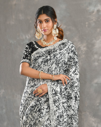 Black And White Russian Tussar Hand Embroidery Saree