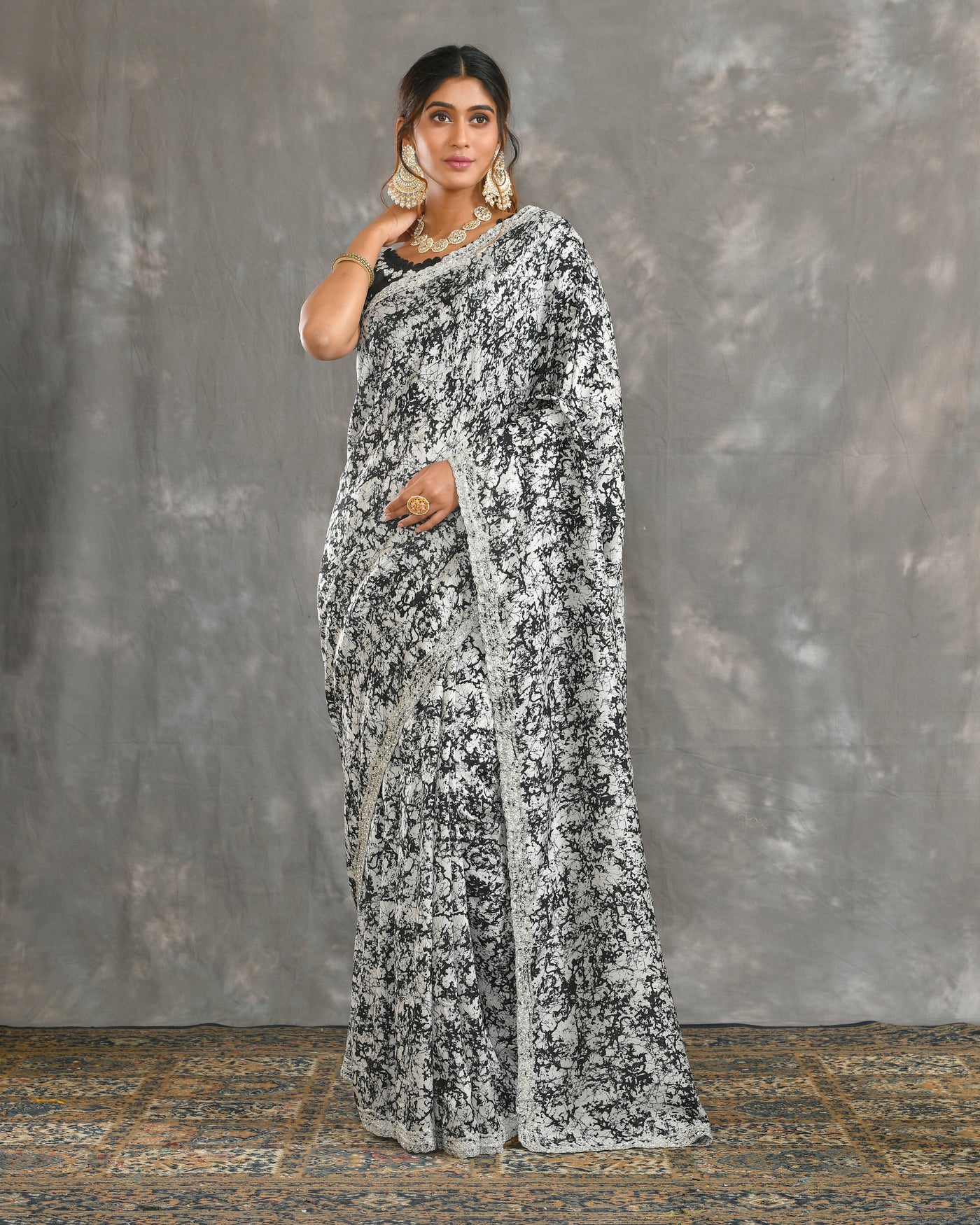 Black And White Russian Tussar Hand Embroidery Saree