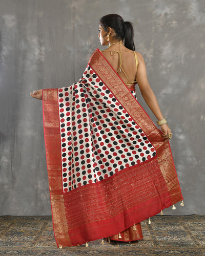 Red Dola Silk Hand Embroidery Saree