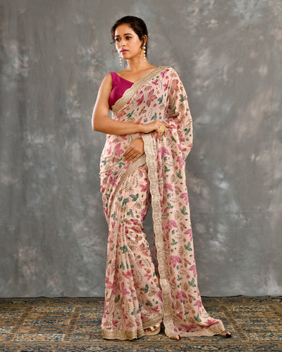 Pink Georgette Hand Embroidery Saree