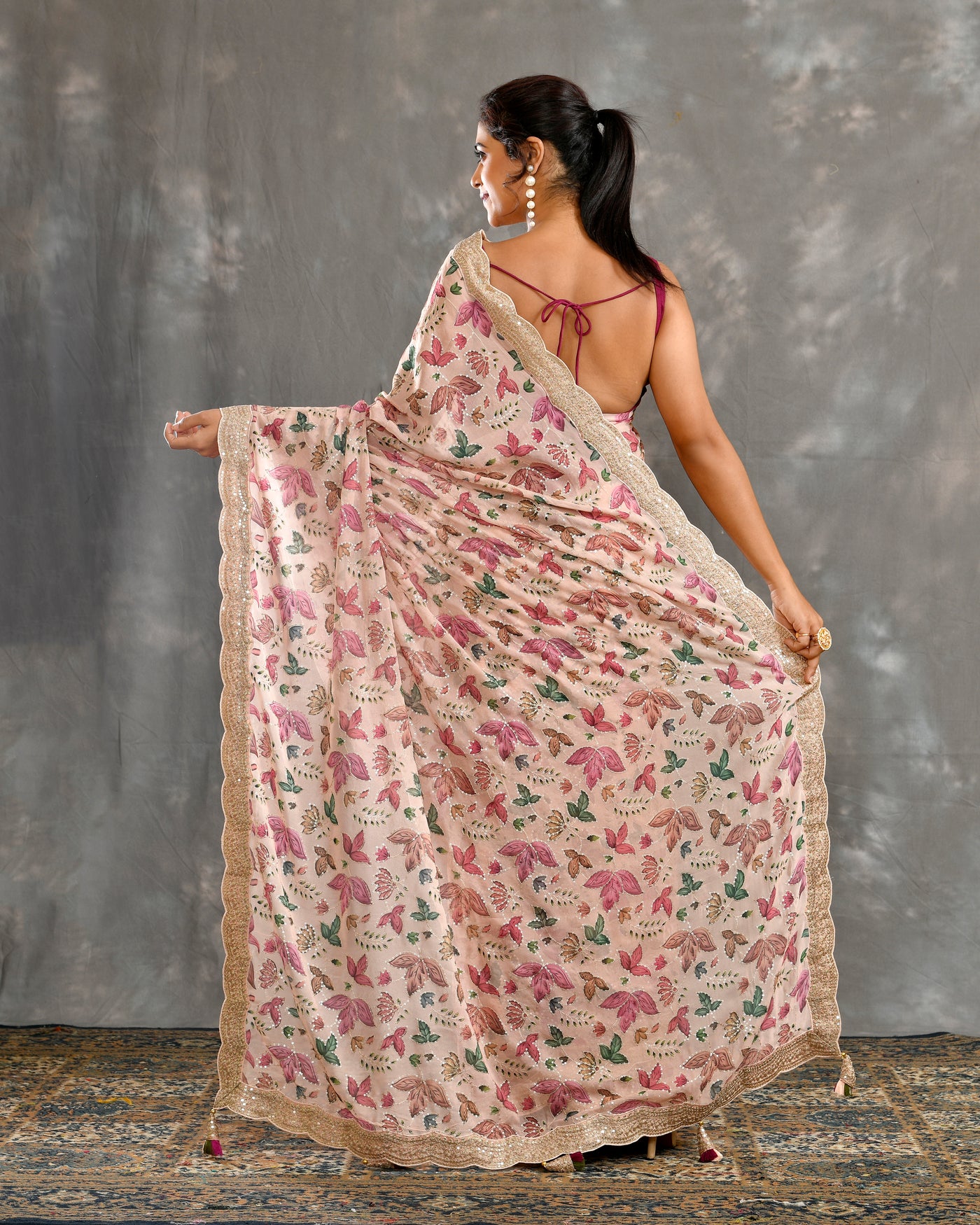 Pink Georgette Hand Embroidery Saree