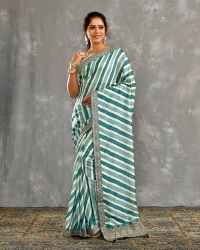 Green Russian Silk Machine And Hand Embroidery Saree