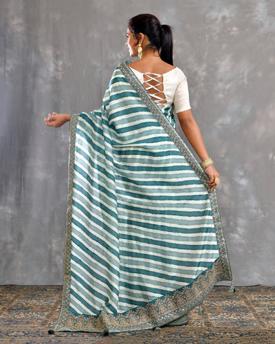 Green Russian Silk Machine And Hand Embroidery Saree