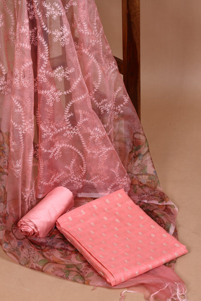 Chanderi Pink Zari Machine Embroidered Unstitched Kurta Dupatta Set