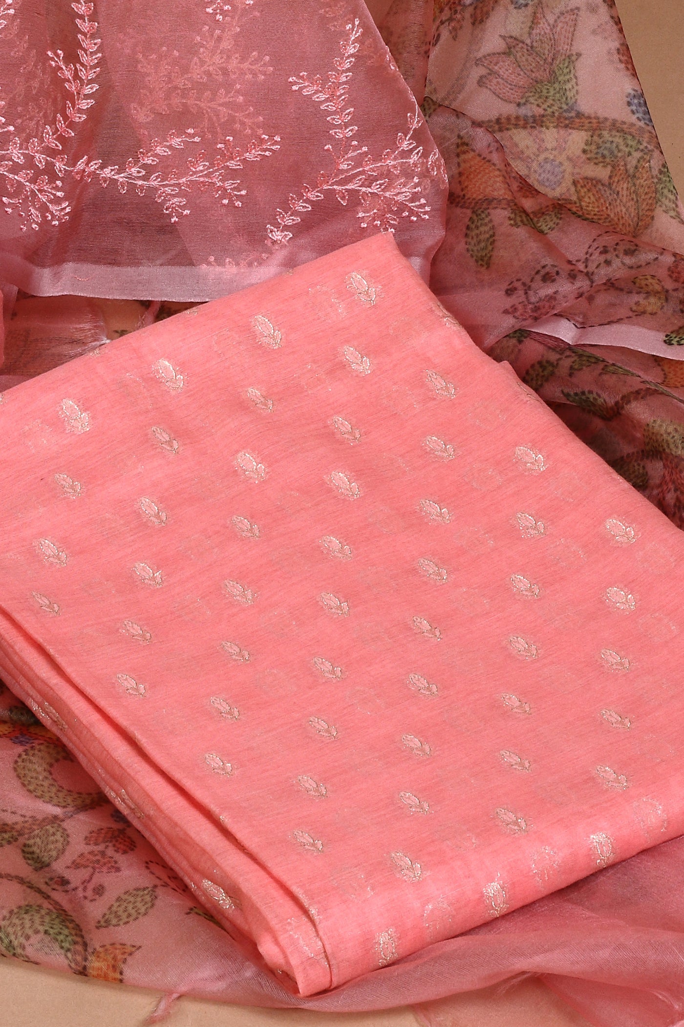 Chanderi Pink Zari Machine Embroidered Unstitched Kurta Dupatta Set