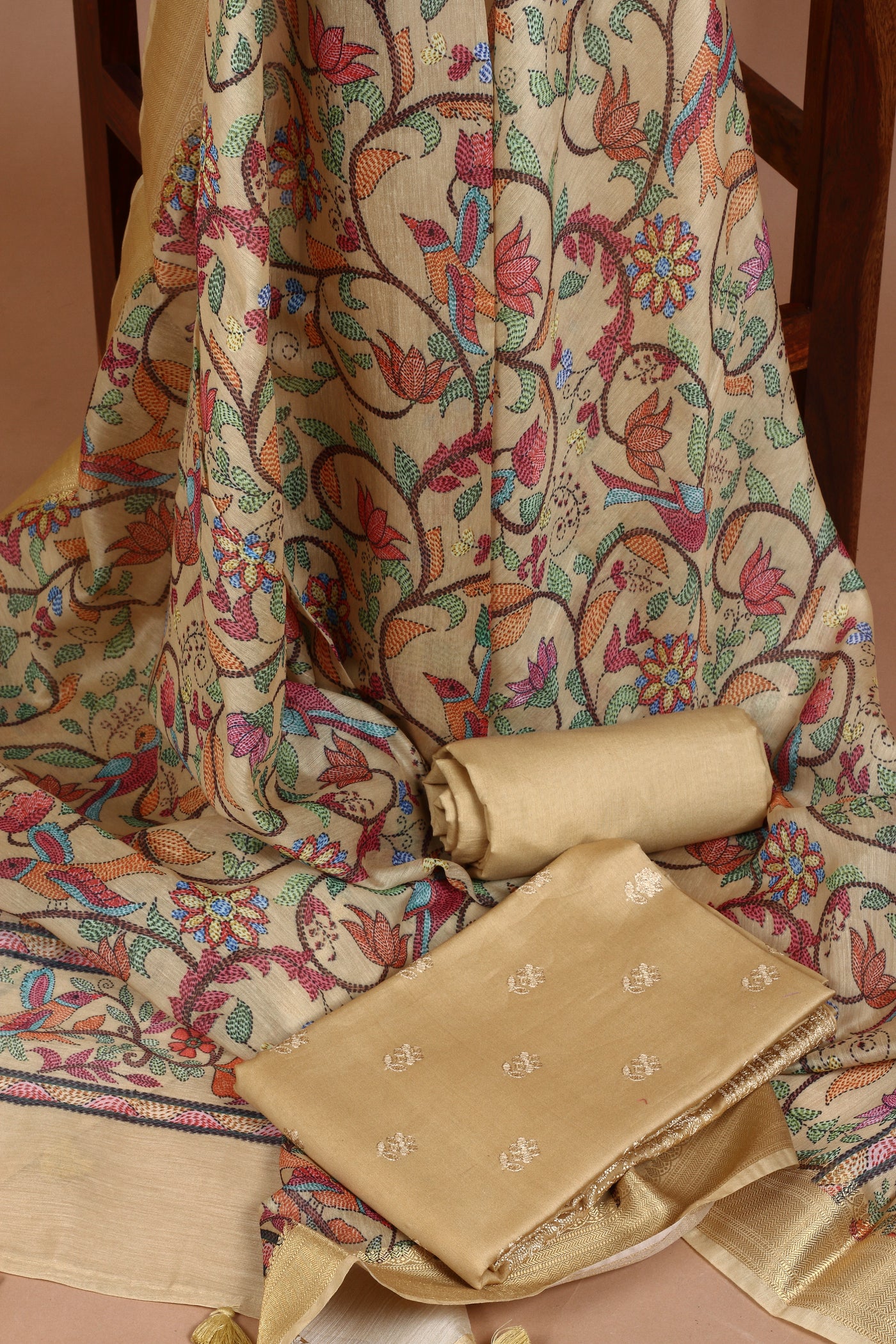 Chanderi Beige Machine Embroidered Unstitched Kurta Dupatta Set
