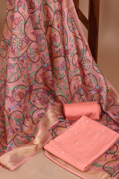 Chanderi Peach Machine Embroidered Unstitched Kurta Dupatta Set