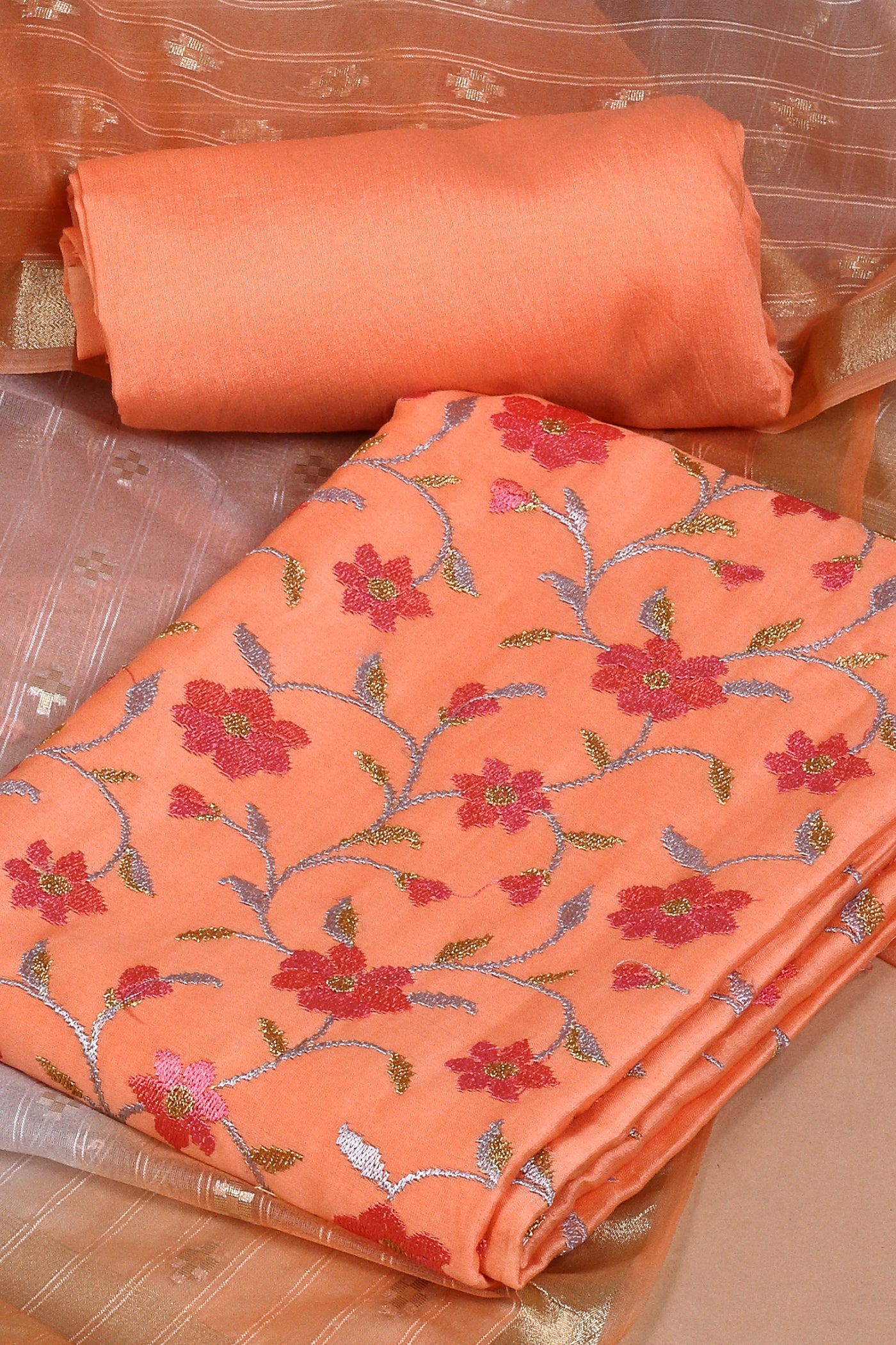 Chanderi Orange Machine Embroidered Unstitched Kurta Dupatta Set