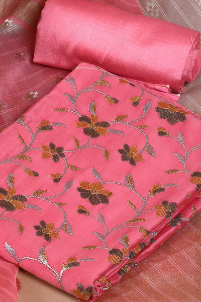 Chanderi Pink Machine Embroidered Unstitched Kurta Dupatta Set