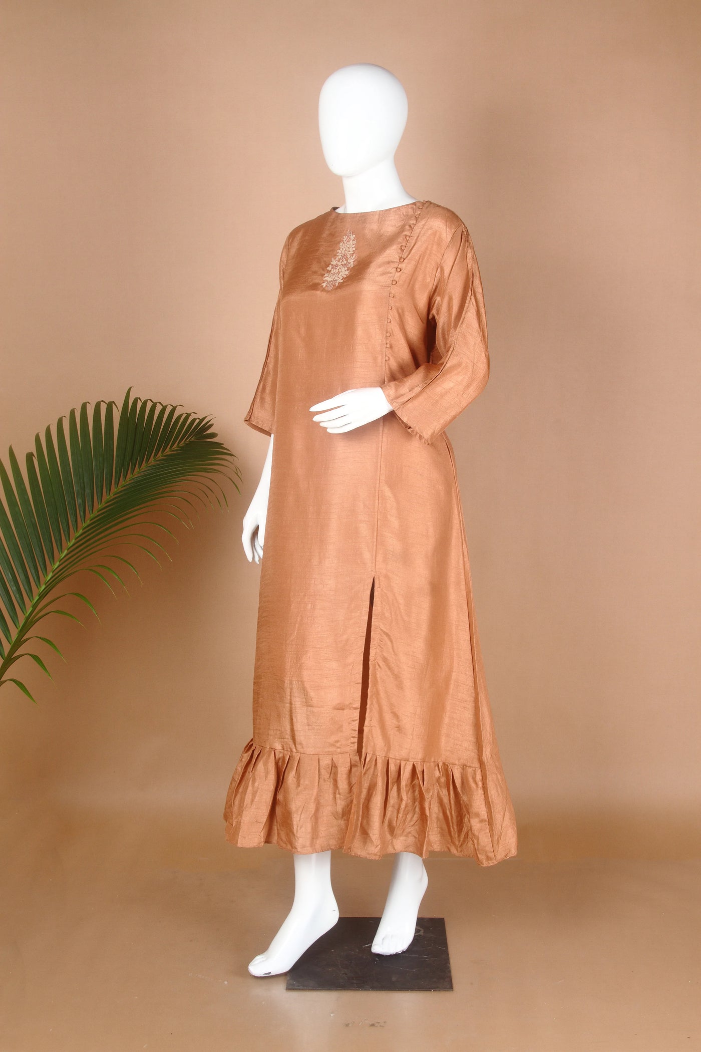 Fidaindia Brown Dola Silk Flared Long Dress