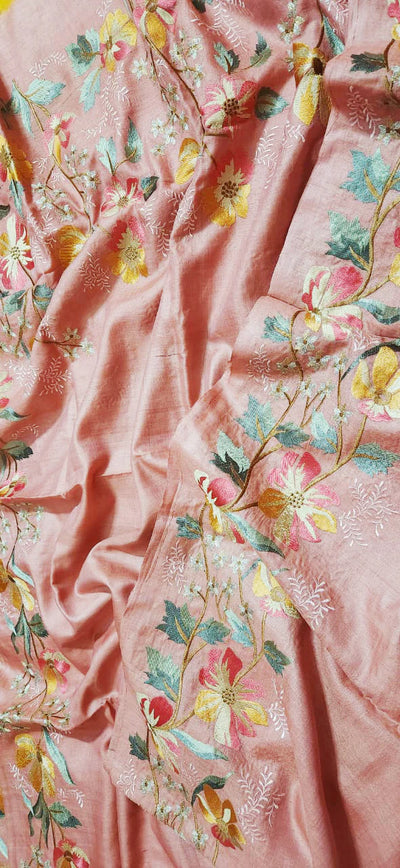 Peach Gachi Tussar Floral Embroidery Saree