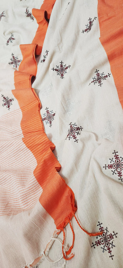 Beige Khadi Cotton Geometric Embroidery Saree