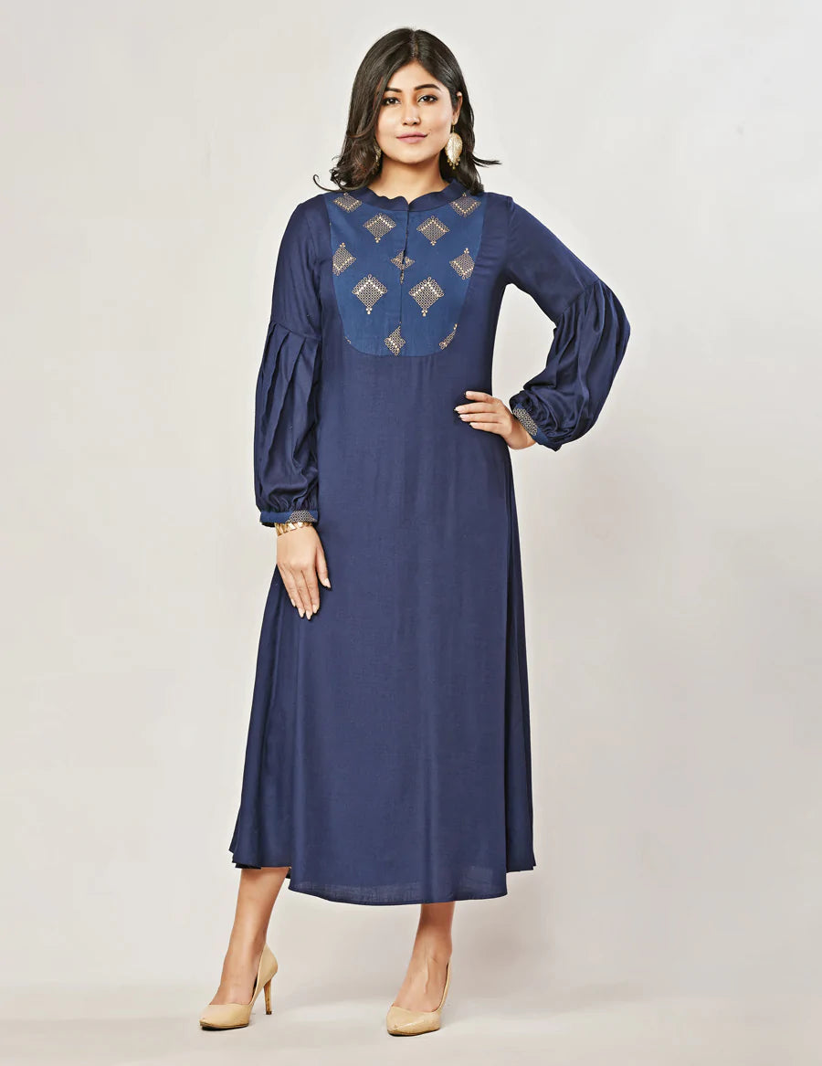 Fidaindia Blue Rayon Plain Flared Long Dress