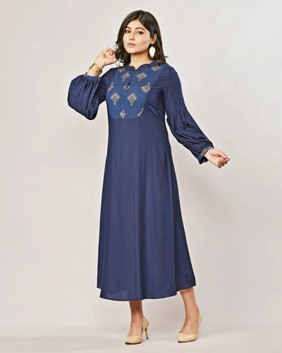 Fidaindia Blue Rayon Plain Flared Long Dress