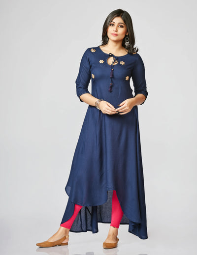 Fidaindia Blue Rayon Asymetric Long Dress