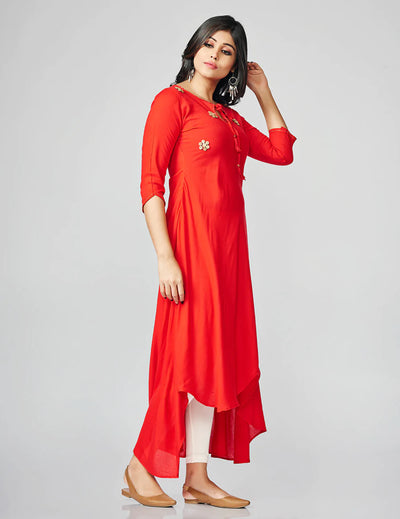 Fidaindia Red Rayon Asymetric Long Dress