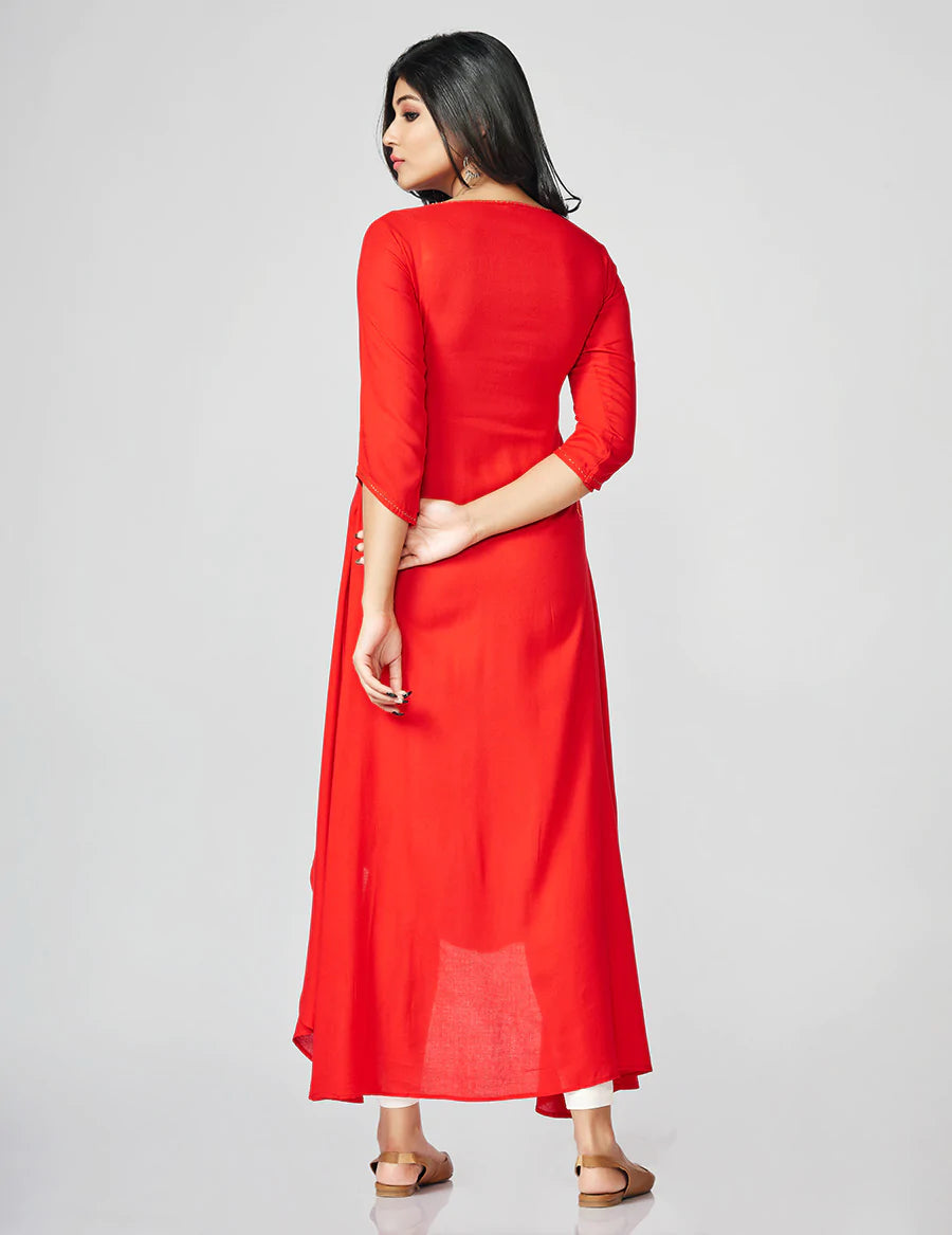 Fidaindia Red Rayon Asymetric Long Dress