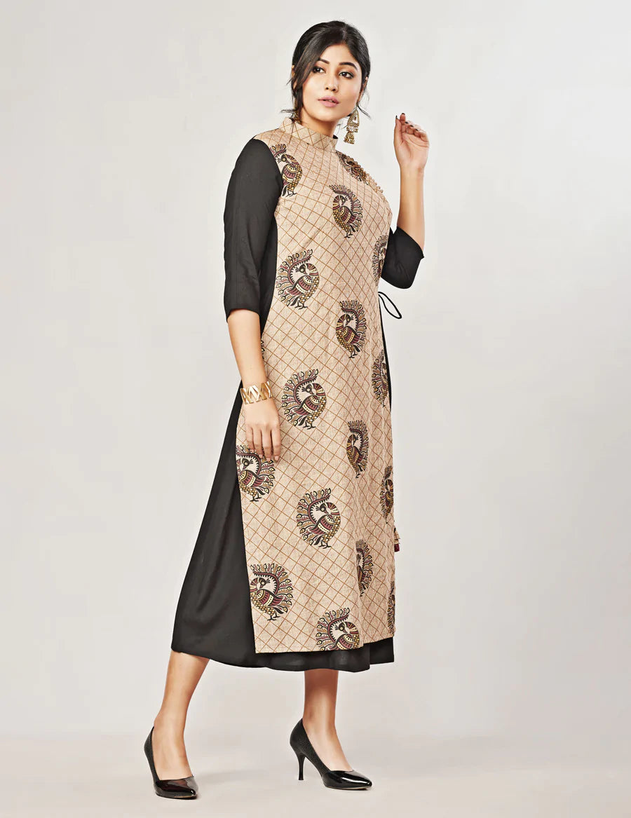 Fidaindia Black Rayon Layered Long Dress
