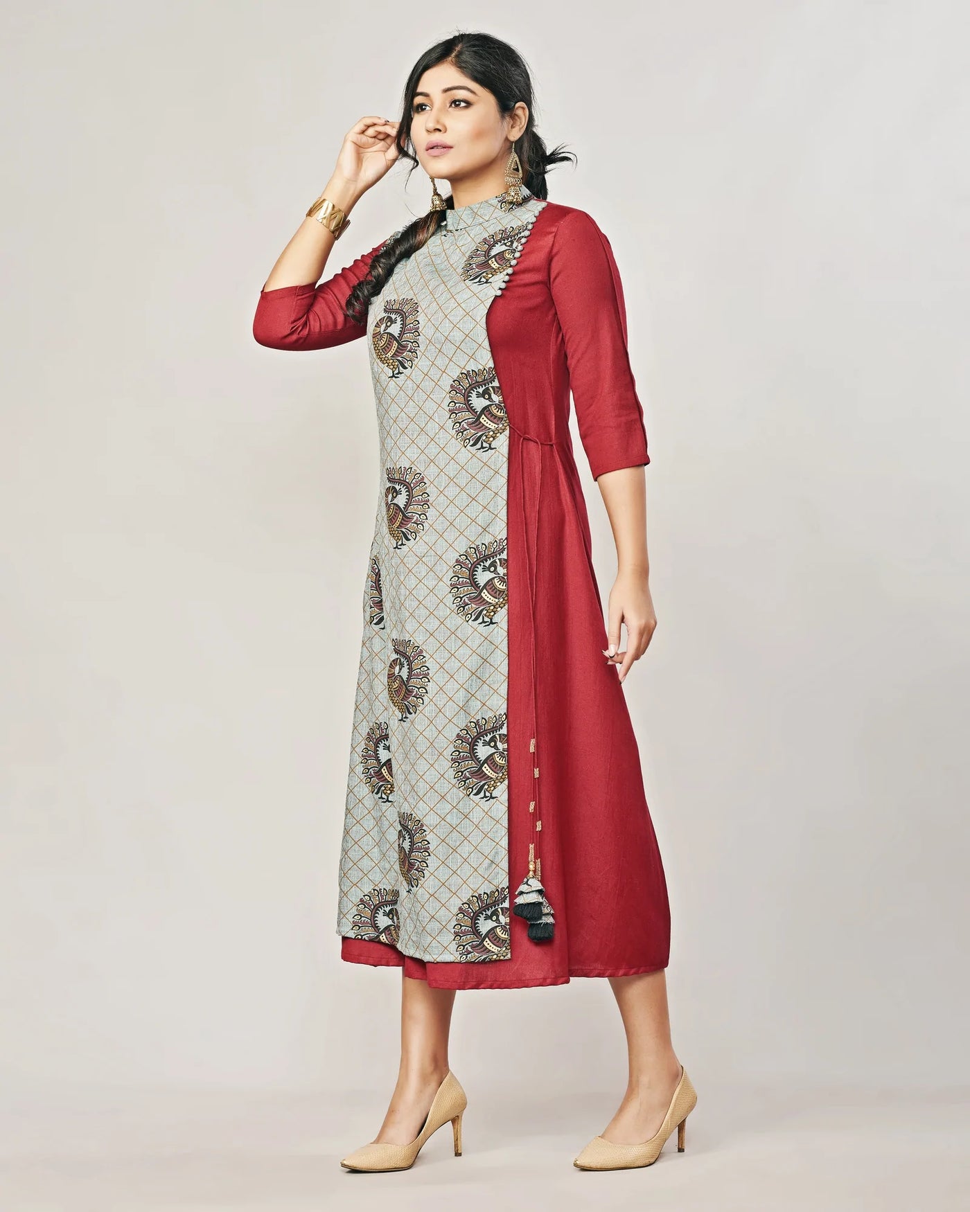 Fidaindia Maroon Rayon Layered Long Dress