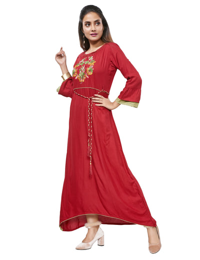 Fidaindia Maroon Rayon Asymetric Long Dress