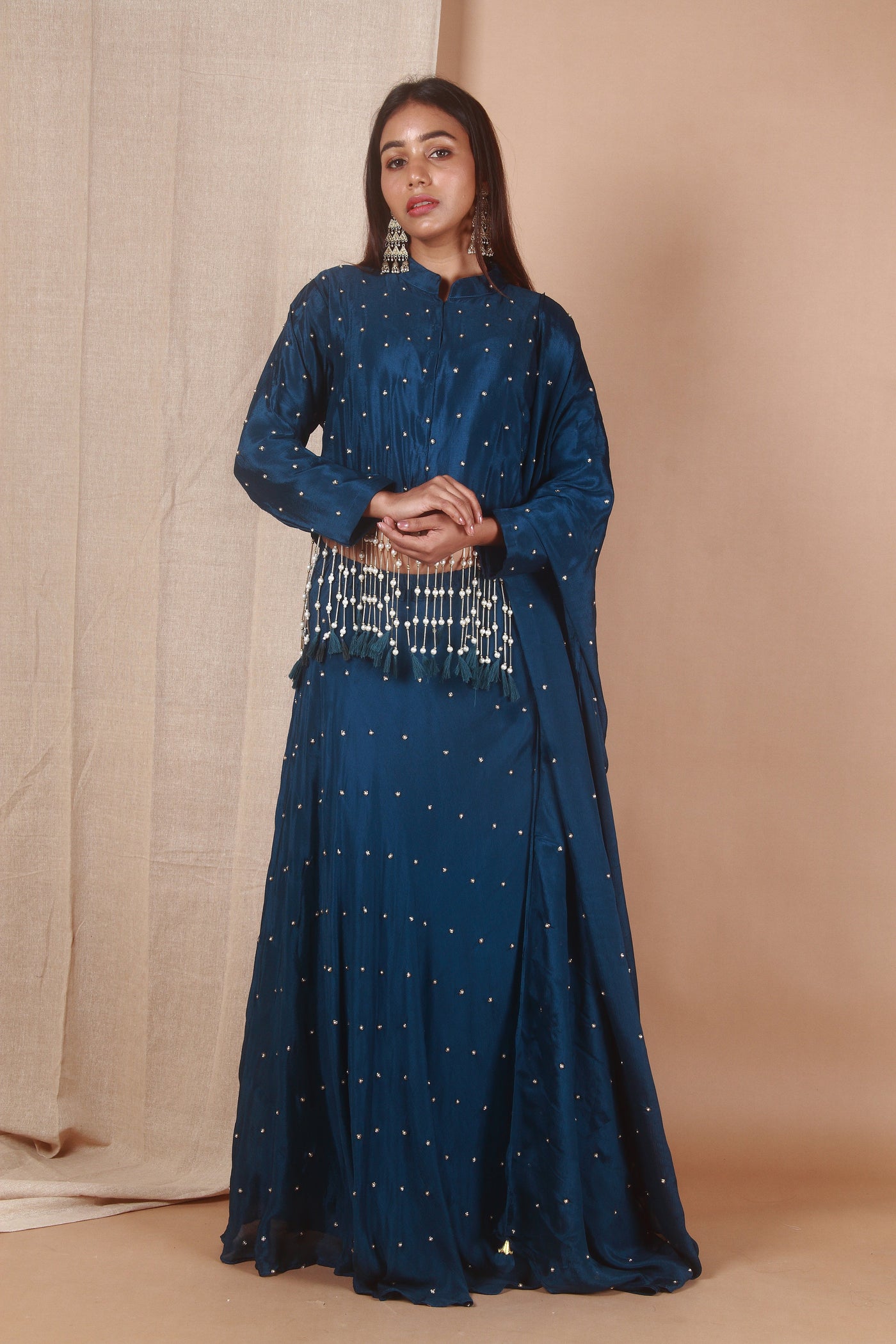 Chinon Blue Hand Embroidered Skirt Top Dupatta Set
