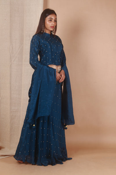 Chinon Blue Hand Embroidered Skirt Top Dupatta Set