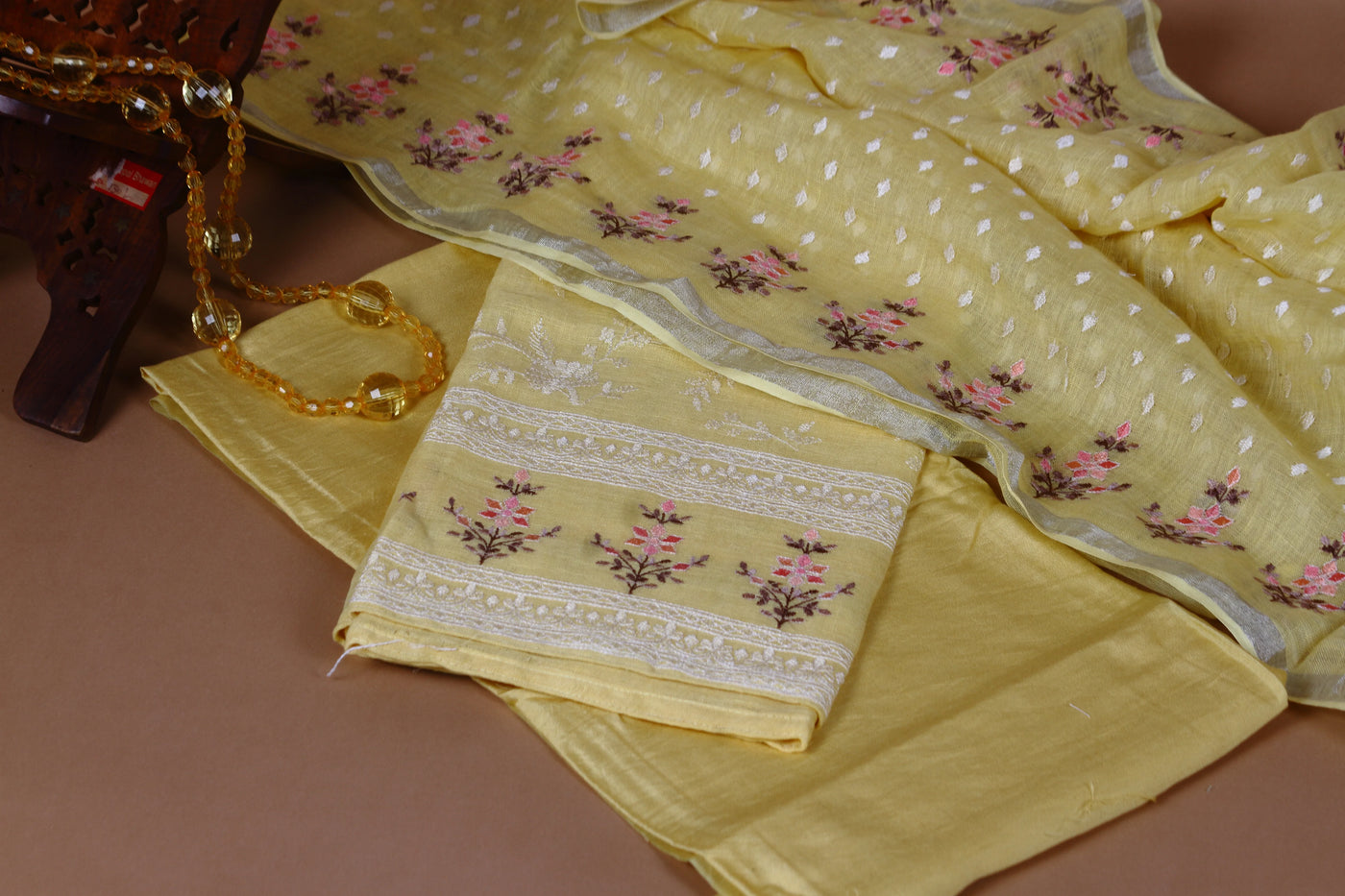 Yellow Linen Embroidered Unstitched Salwar Kurta Dupatta Set