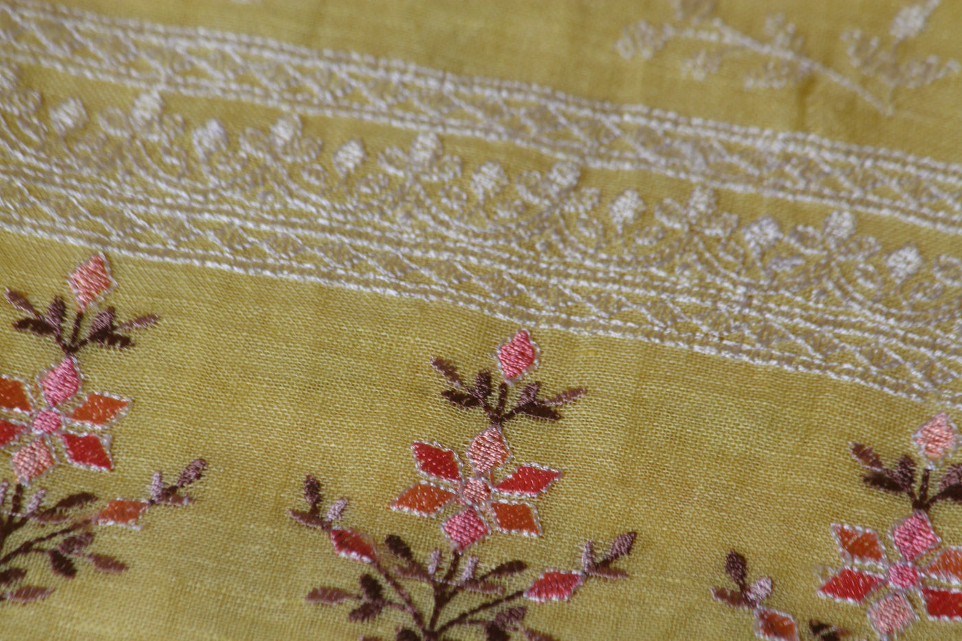 Yellow Linen Embroidered Unstitched Salwar Kurta Dupatta Set