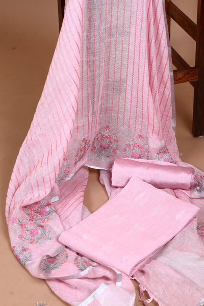 Linen Pink Machine Embroidered Unstiched Kurta Dupatta Set