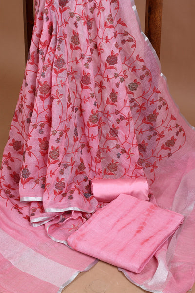 Pink Linen Embroidered Unstitched Kurta Dupatta Set