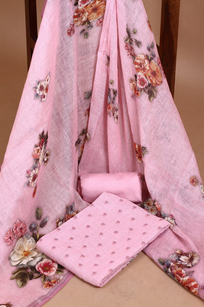 Pink Linen Embroidered Unstitched Kurta Dupatta Set